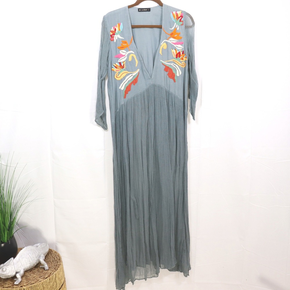 La‎ Troupe Maxi Dress 2 Blue Womens Embroidered Gauze Boho Sheer